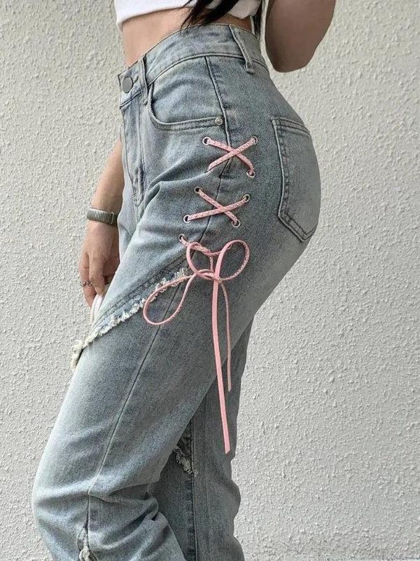 Soft Girl Lace Up Slit Flare Jeans