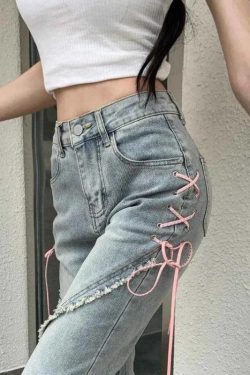 Soft Girl Lace Up Slit Flare Jeans