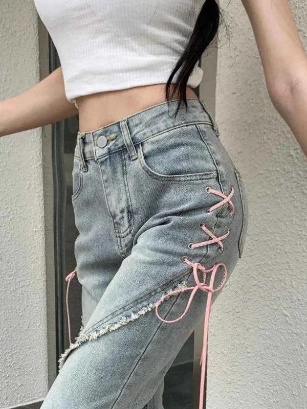 Soft Girl Lace Up Slit Flare Jeans