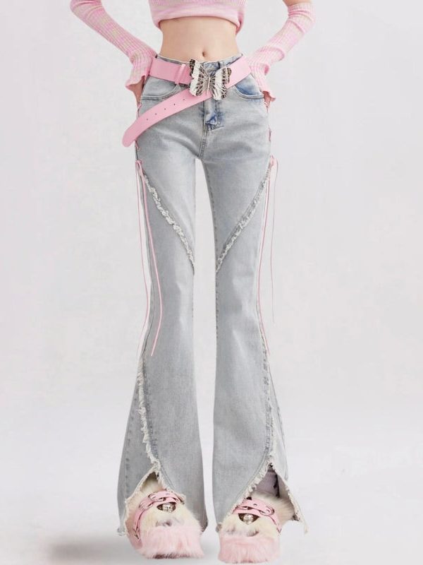 Soft Girl Lace Up Slit Flare Jeans