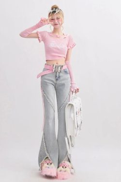 Soft Girl Lace Up Slit Flare Jeans