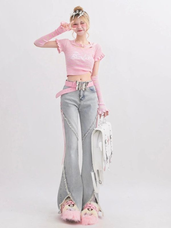 Soft Girl Lace Up Slit Flare Jeans