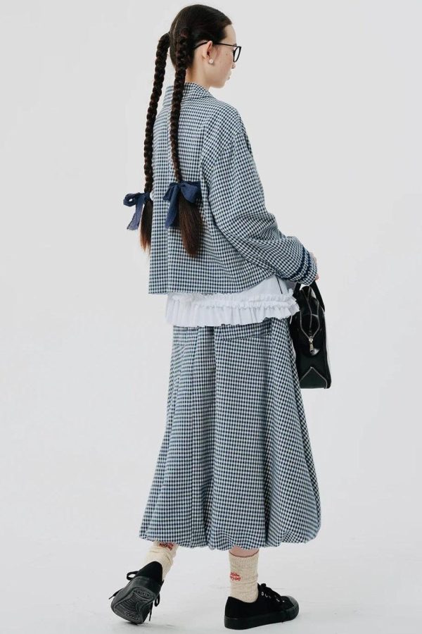 Soft Girl Plaid Bubble Midi Skirt