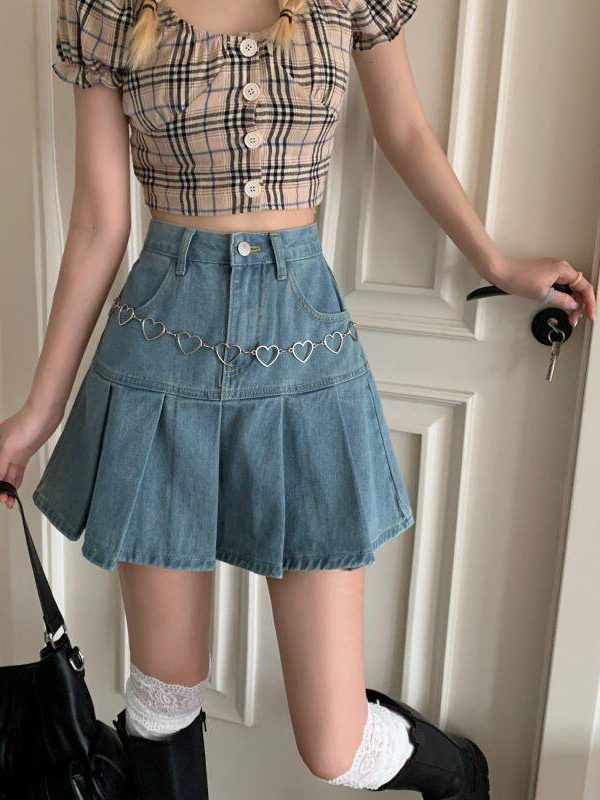 Soft Girl Pleated Denim Mini Skirt