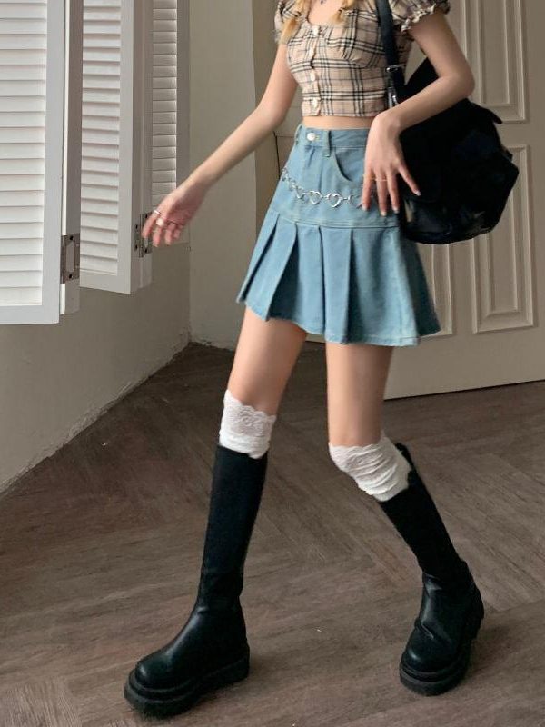 Soft Girl Pleated Denim Mini Skirt