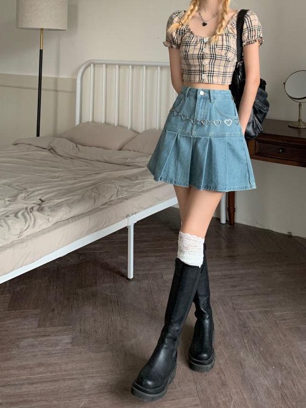 Soft Girl Pleated Denim Mini Skirt