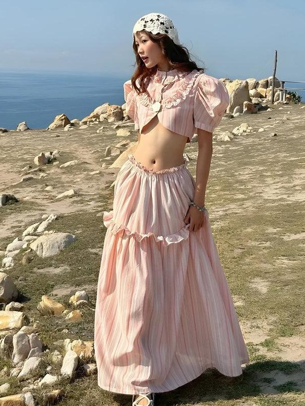 Soft Girl Striped Crop Top & Maxi Skirt Two Piece Set