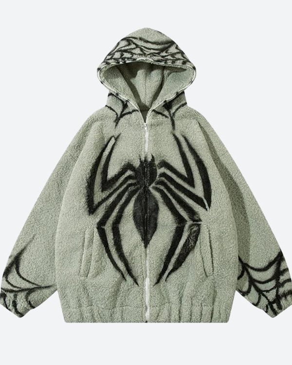 Spider Full Zip-Up Teddy Hoodie Jacket