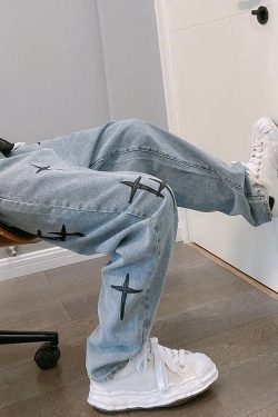 Straight Leg Cross Print Jeans