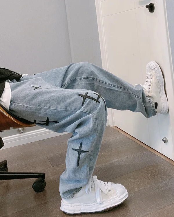 Straight Leg Cross Print Jeans