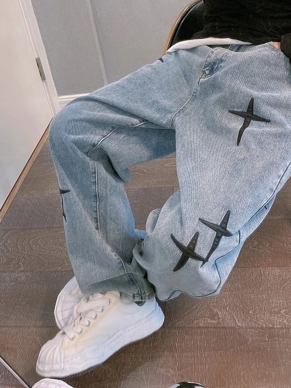 Straight Leg Cross Print Jeans