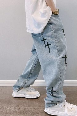 Straight Leg Cross Print Jeans