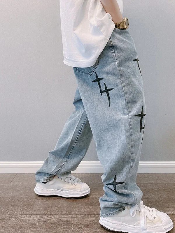 Straight Leg Cross Print Jeans