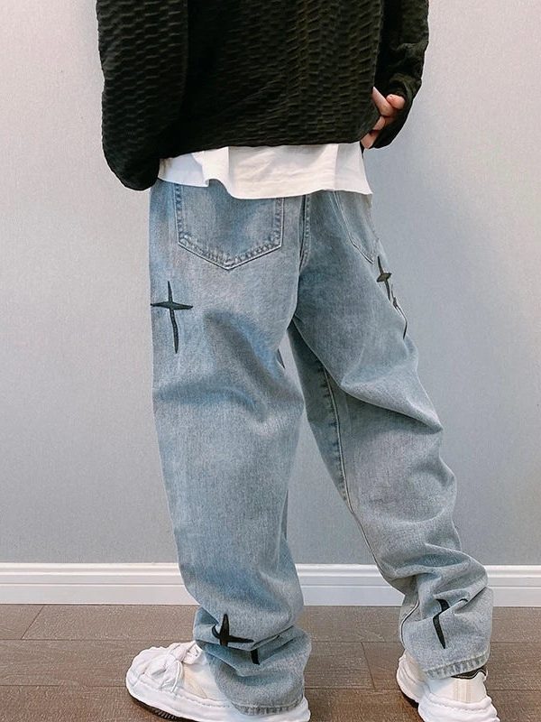 Straight Leg Cross Print Jeans