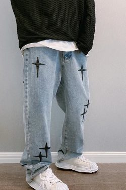 Straight Leg Cross Print Jeans