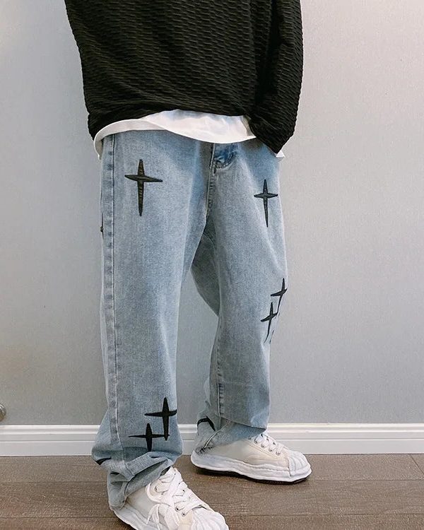 Straight Leg Cross Print Jeans