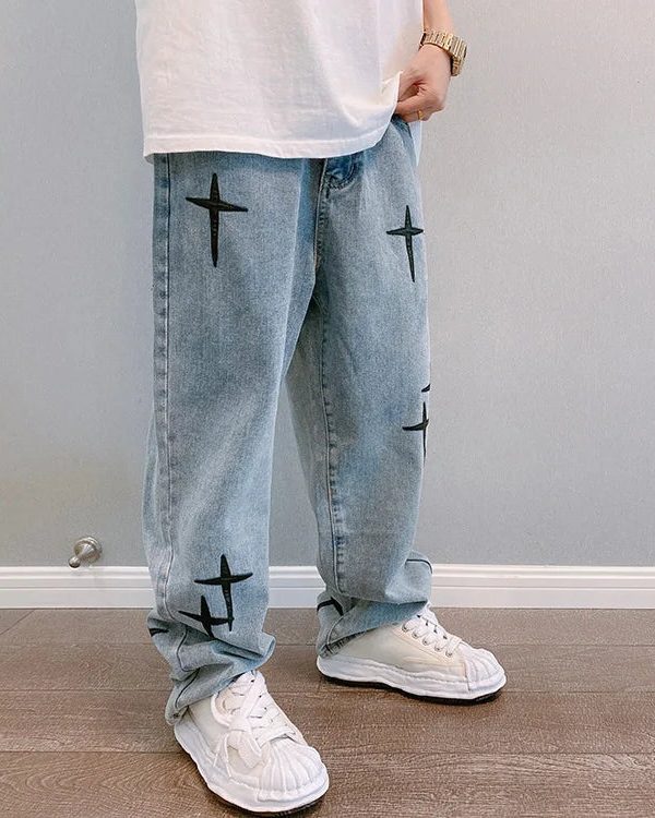 Straight Leg Cross Print Jeans