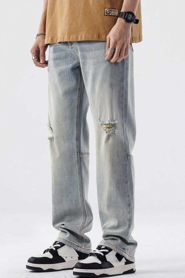 Straight Leg Distressed Knee Jeans