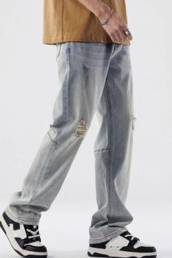 Straight Leg Distressed Knee Jeans