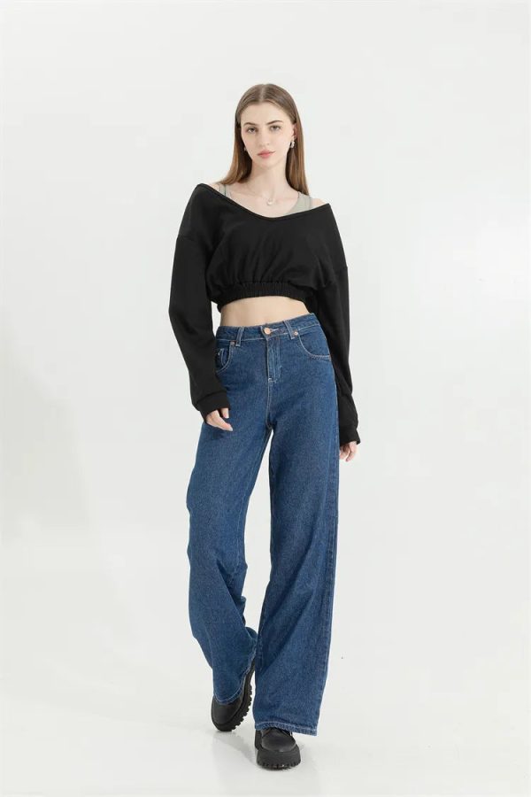 Strap Detailed Wide Neck Crop Sweatshirt