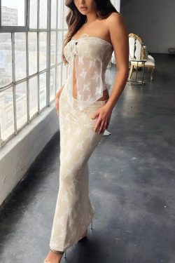 Strapless Sheer Top & Maxi Skirt Two Piece Set