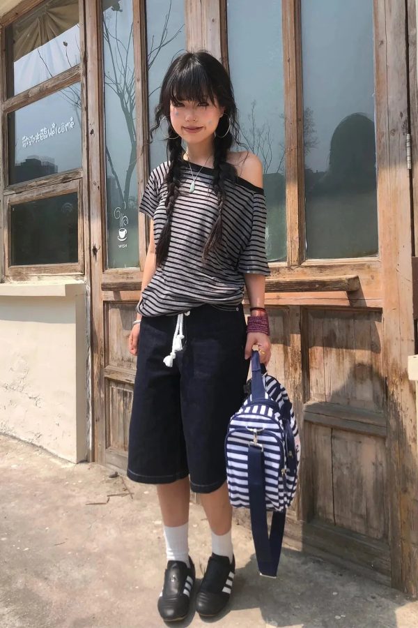 Striped One Shoulder Tee