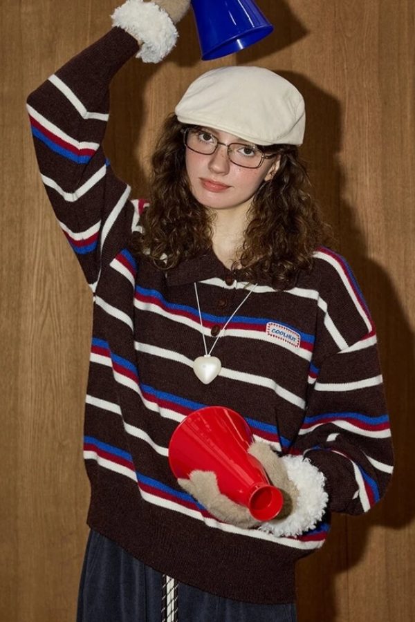 Striped Polo Collar Sweater