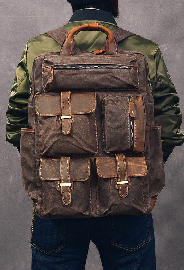 Style Army Green Pockets Cotton Backpack Bag