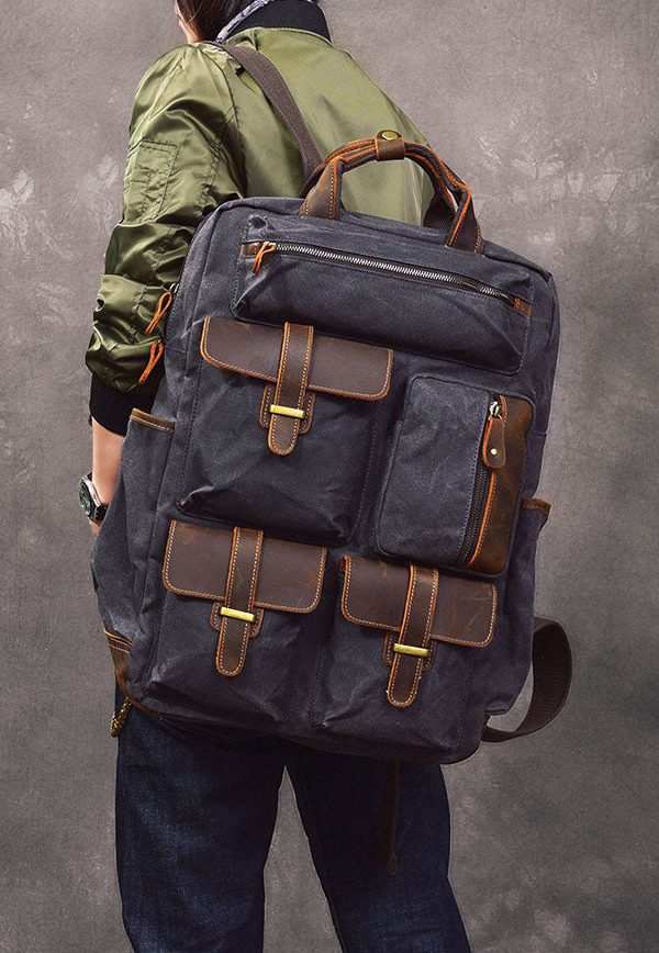 Style Army Green Pockets Cotton Backpack Bag