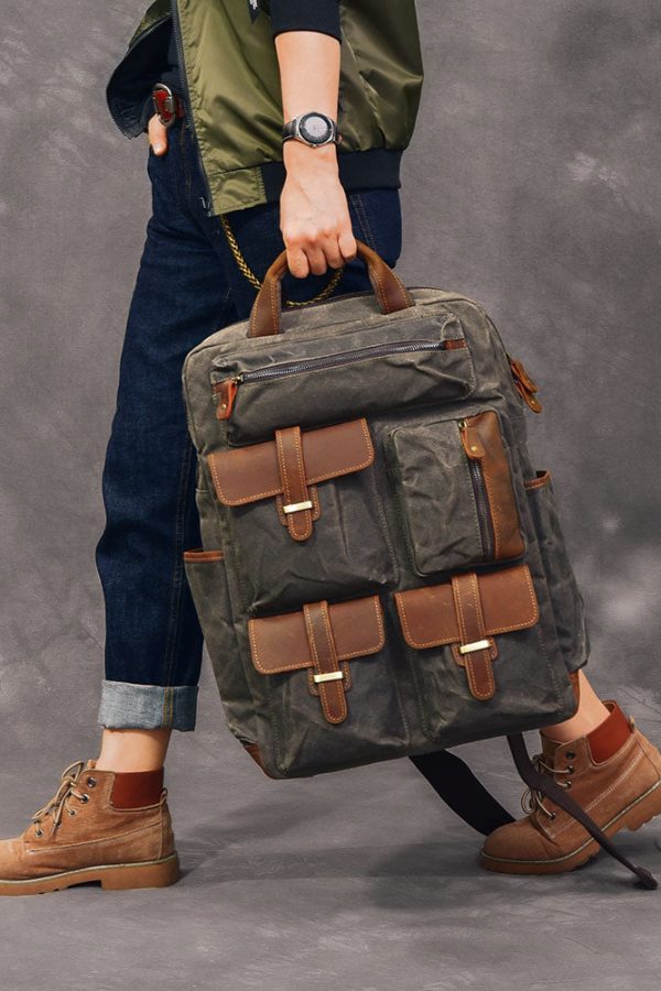 Style Army Green Pockets Cotton Backpack Bag