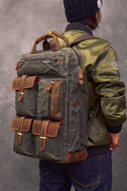 Style Army Green Pockets Cotton Backpack Bag
