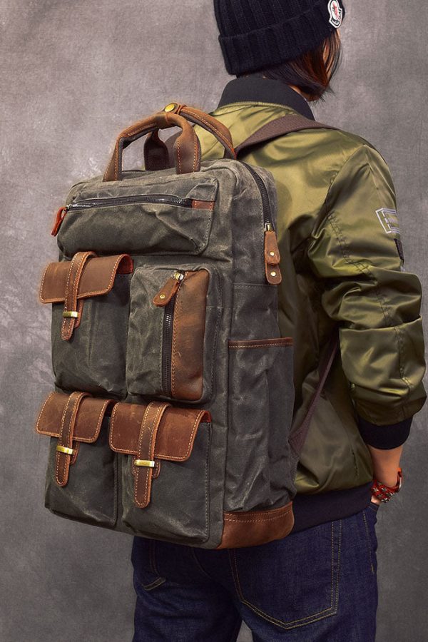 Style Army Green Pockets Cotton Backpack Bag