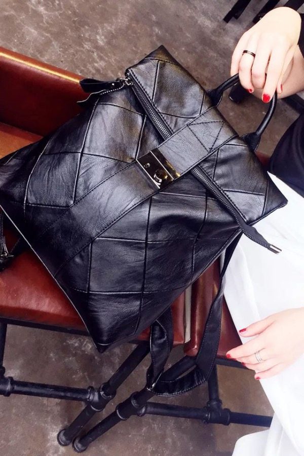 Style Black Plaid Large Capacity Faux Leather Versatile Backpack Bag