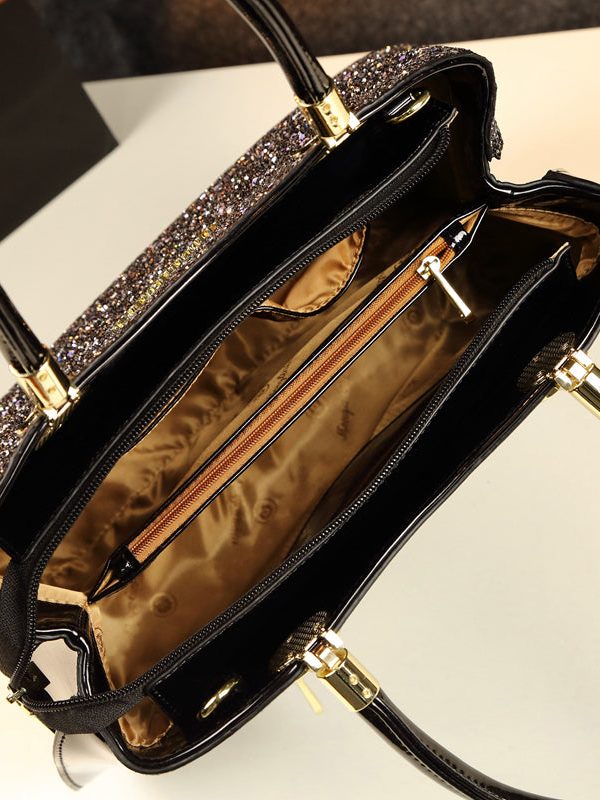 Style Black Zircon Large Capacity Faux Leather Tote Handbag