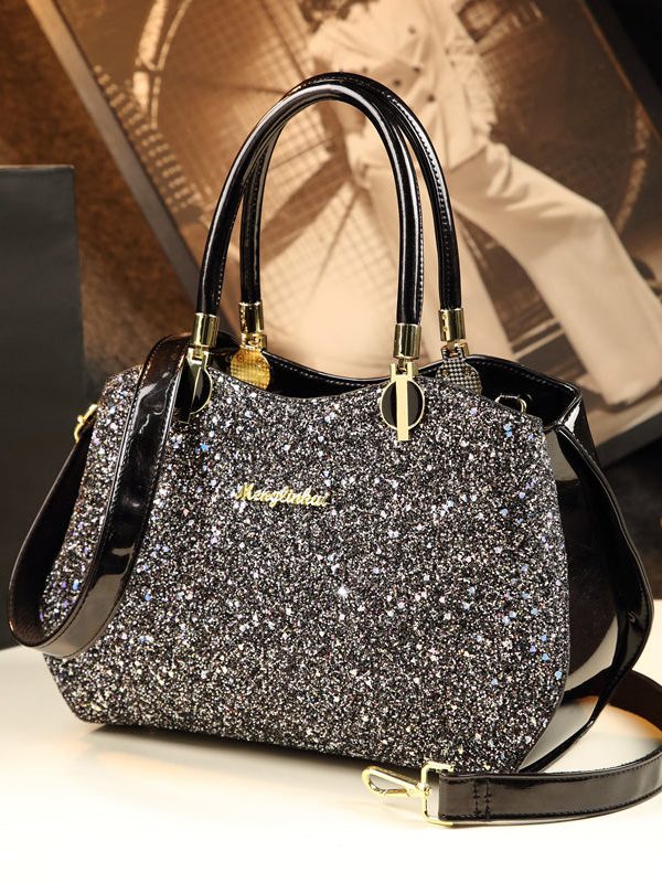 Style Black Zircon Large Capacity Faux Leather Tote Handbag