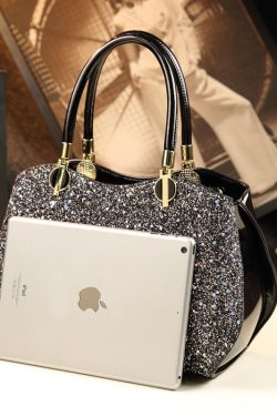 Style Black Zircon Large Capacity Faux Leather Tote Handbag