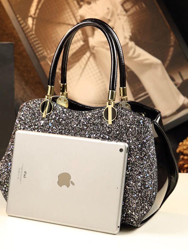 Style Black Zircon Large Capacity Faux Leather Tote Handbag