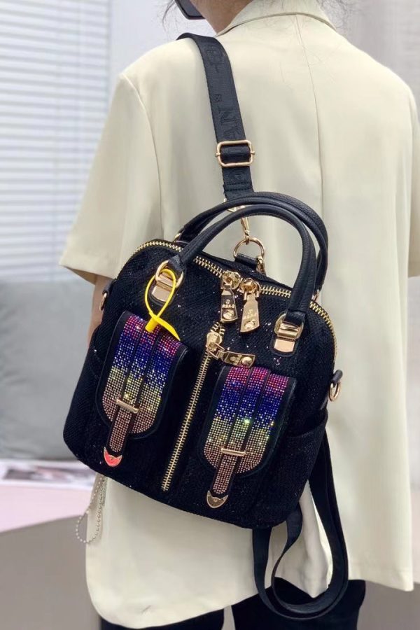 Style Black Zircon Patchwork Sequin Leather Backpack Bag