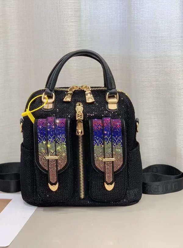 Style Black Zircon Patchwork Sequin Leather Backpack Bag