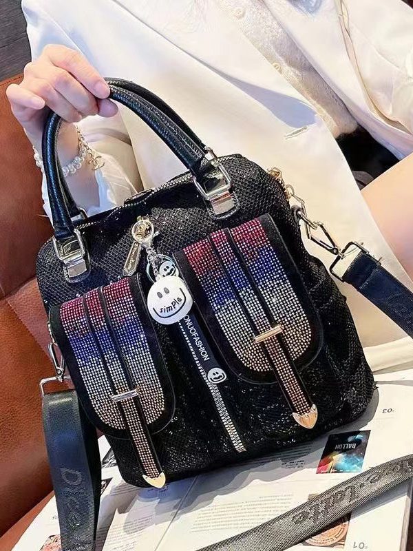 Style Black Zircon Patchwork Sequin Leather Backpack Bag