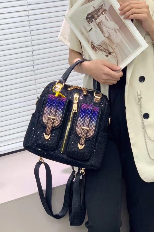 Style Black Zircon Patchwork Sequin Leather Backpack Bag