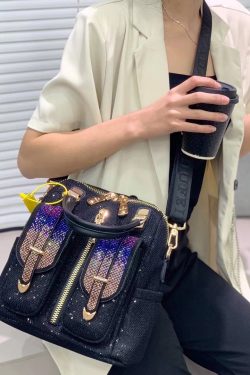 Style Black Zircon Patchwork Sequin Leather Backpack Bag