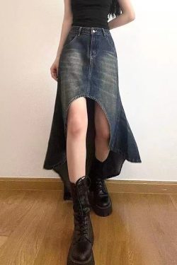 Style Blue Asymmetrical Design Denim Skirt Spring