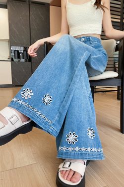Style Blue Embroidered Hollow Out Denim Straight Pants Fall