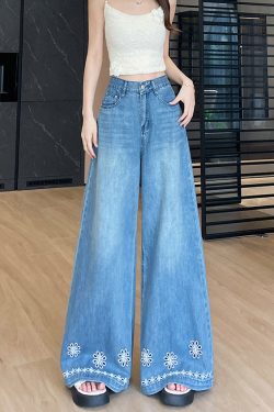 Style Blue Embroidered Hollow Out Denim Straight Pants Fall