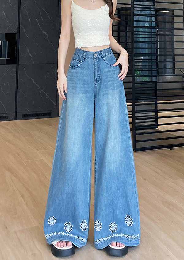 Style Blue Embroidered Hollow Out Denim Straight Pants Fall