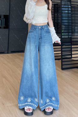 Style Blue Embroidered Hollow Out Denim Straight Pants Fall