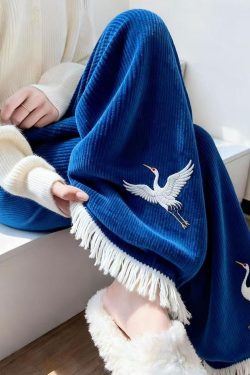 Style Blue Embroidered Tasseled Knit Wide Leg Pants Winter