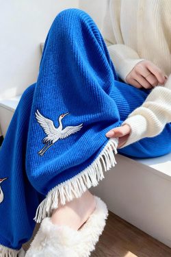 Style Blue Embroidered Tasseled Knit Wide Leg Pants Winter