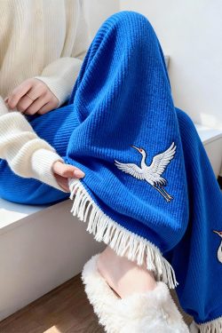 Style Blue Embroidered Tasseled Knit Wide Leg Pants Winter